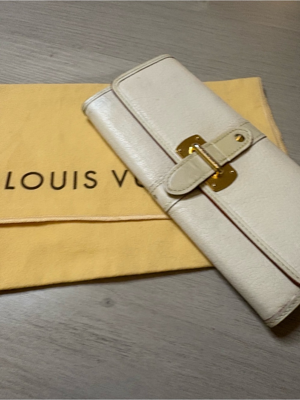 Louis Vuitton Cream Wallet with‎ Gold Accent 8"x4"